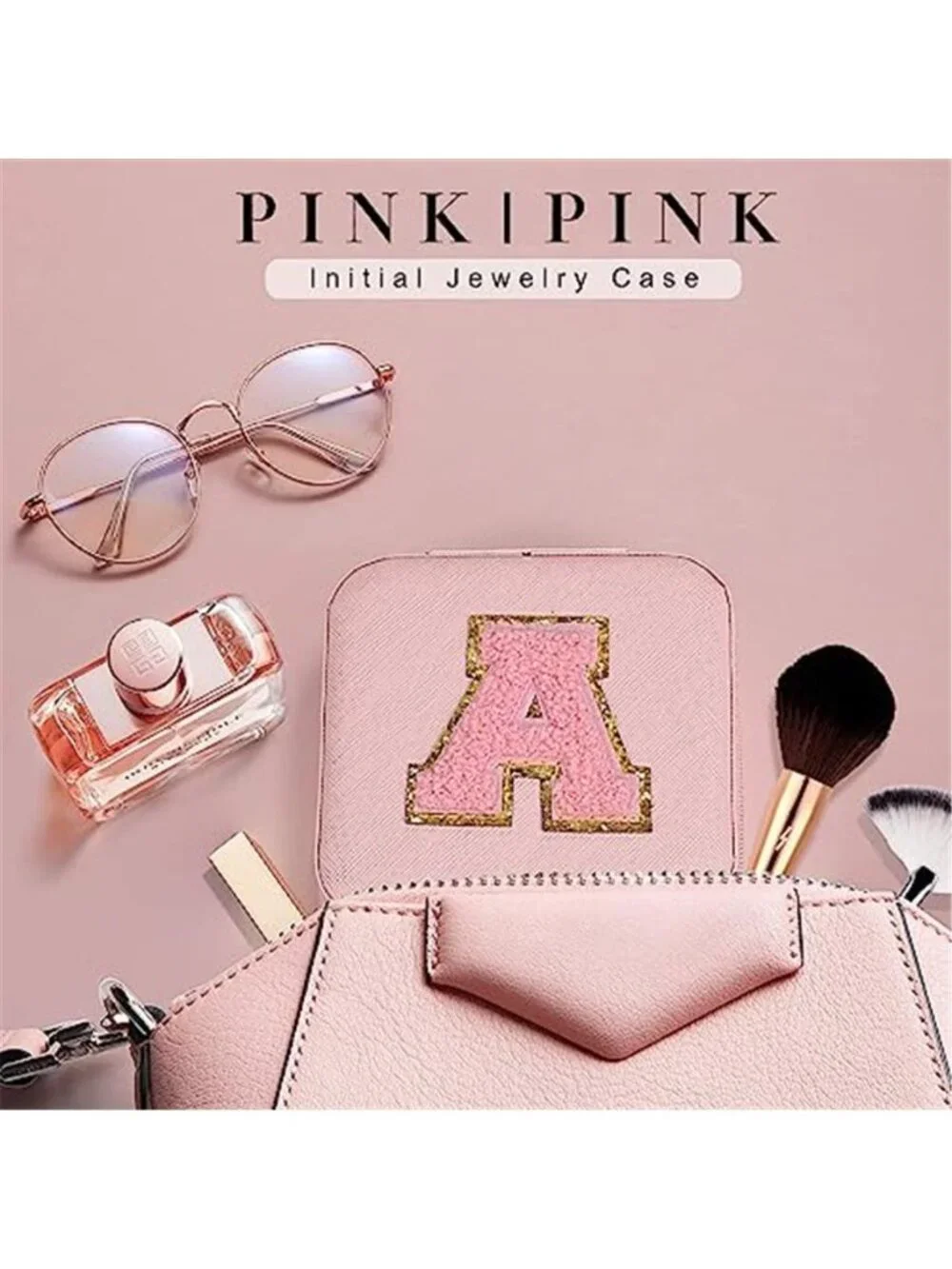 Personalized Travel Jewelry Case Leather Organizer Box Mirror Monogram Pink